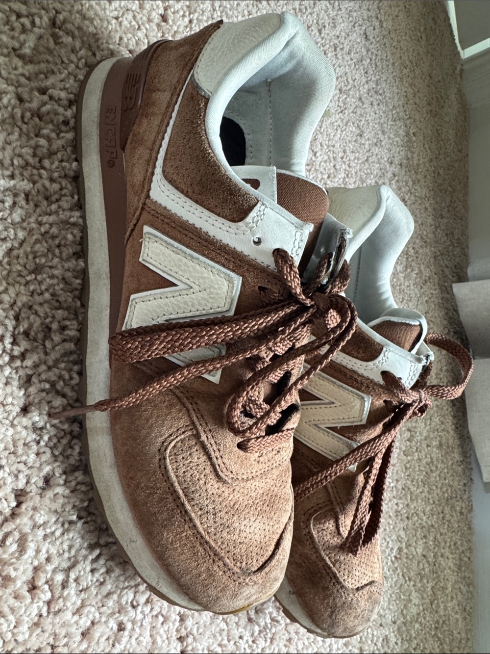 New Balance Womens Brown and White Suede Sneakers